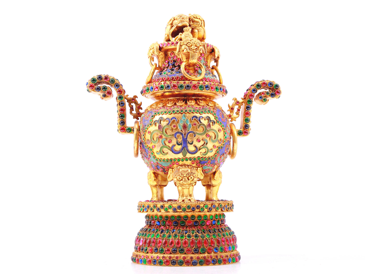 An exquisite gilt bronze censer with two ears and three legs inlaid with hundreds of treasures and lotus pattern.