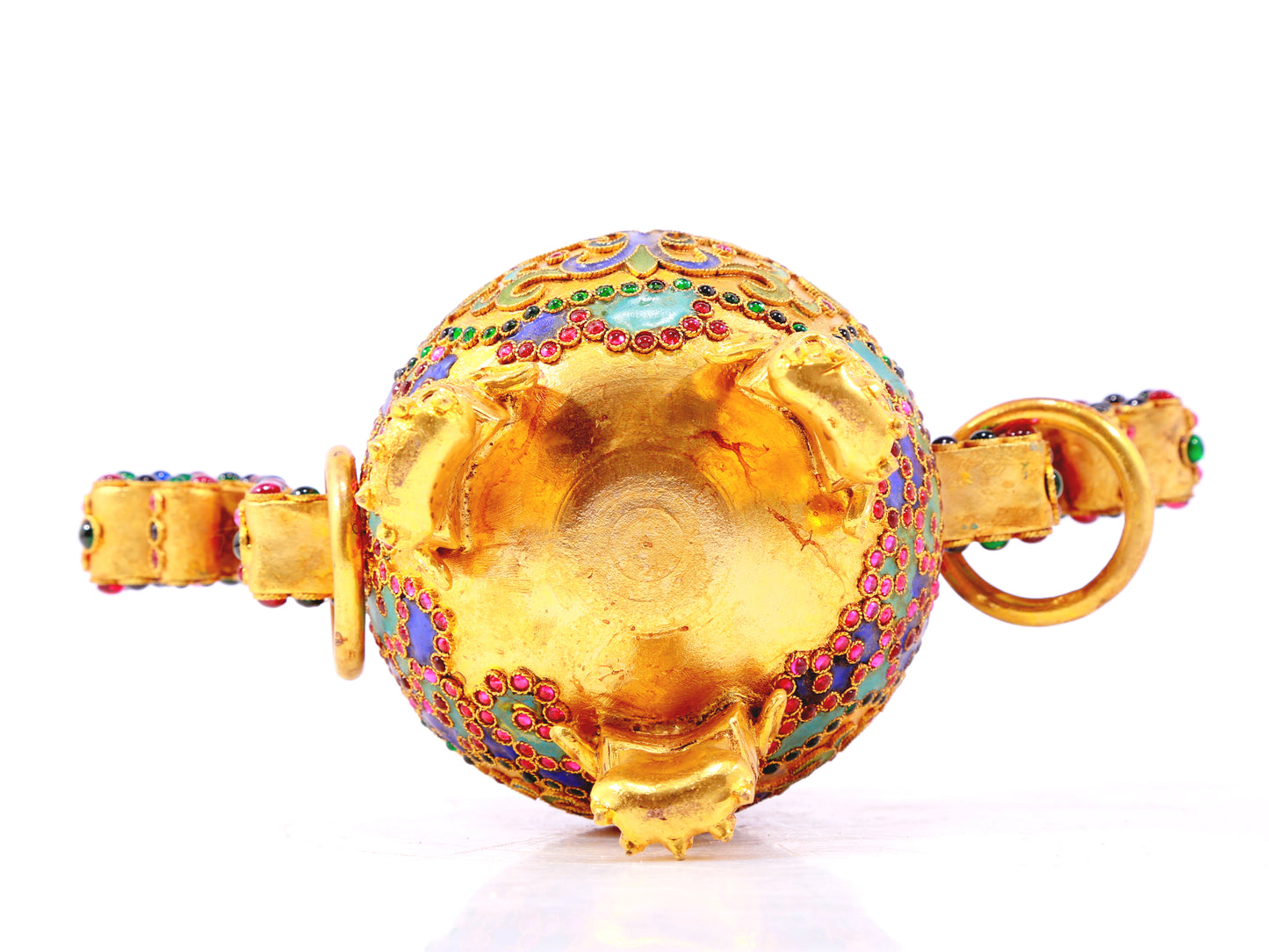 An exquisite gilt bronze censer with two ears and three legs inlaid with hundreds of treasures and lotus pattern.