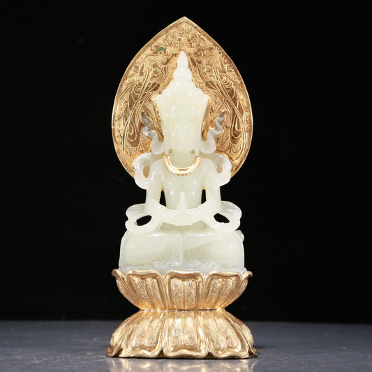 Precious White Jade Gold-Mounted Figure Of Bodhisattva