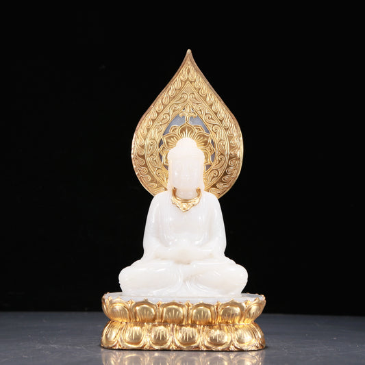 A Precious White Jade Gold-Mounted Figure Of Buddha Shakyamuni