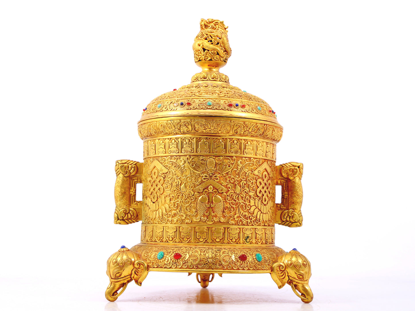 An exquisite gilt bronze double-eared tripod jar with a lid inlaid with hundreds of treasures and entwined lotus patterns.