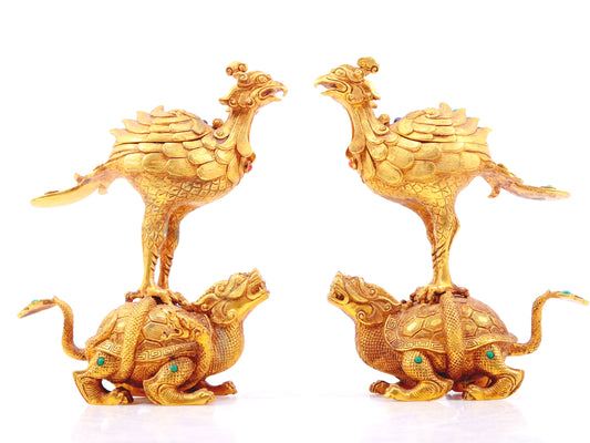 A pair of gilt bronze censers inlaid with hundreds of treasures and auspicious animals