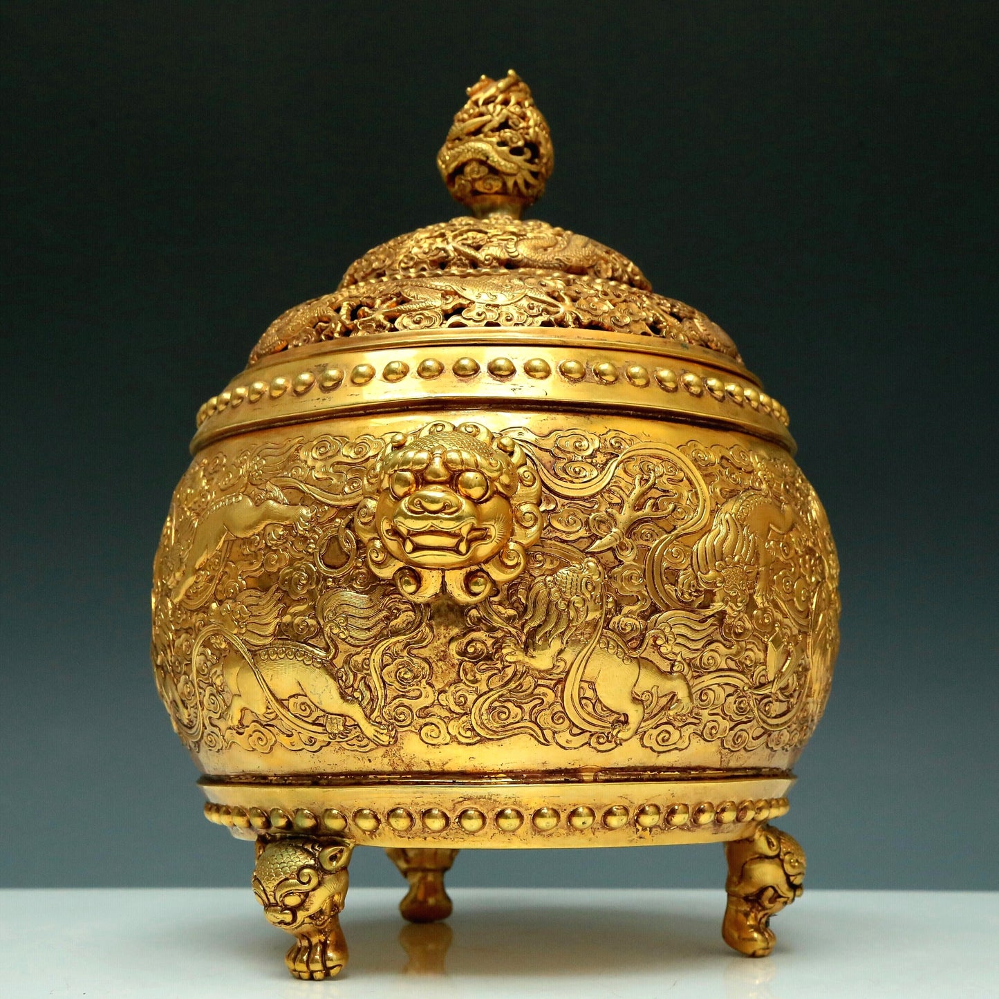 A Magnificent Gilt-Bronze 'Lion& Auspicious Cloud' Tripod Censer And Cover