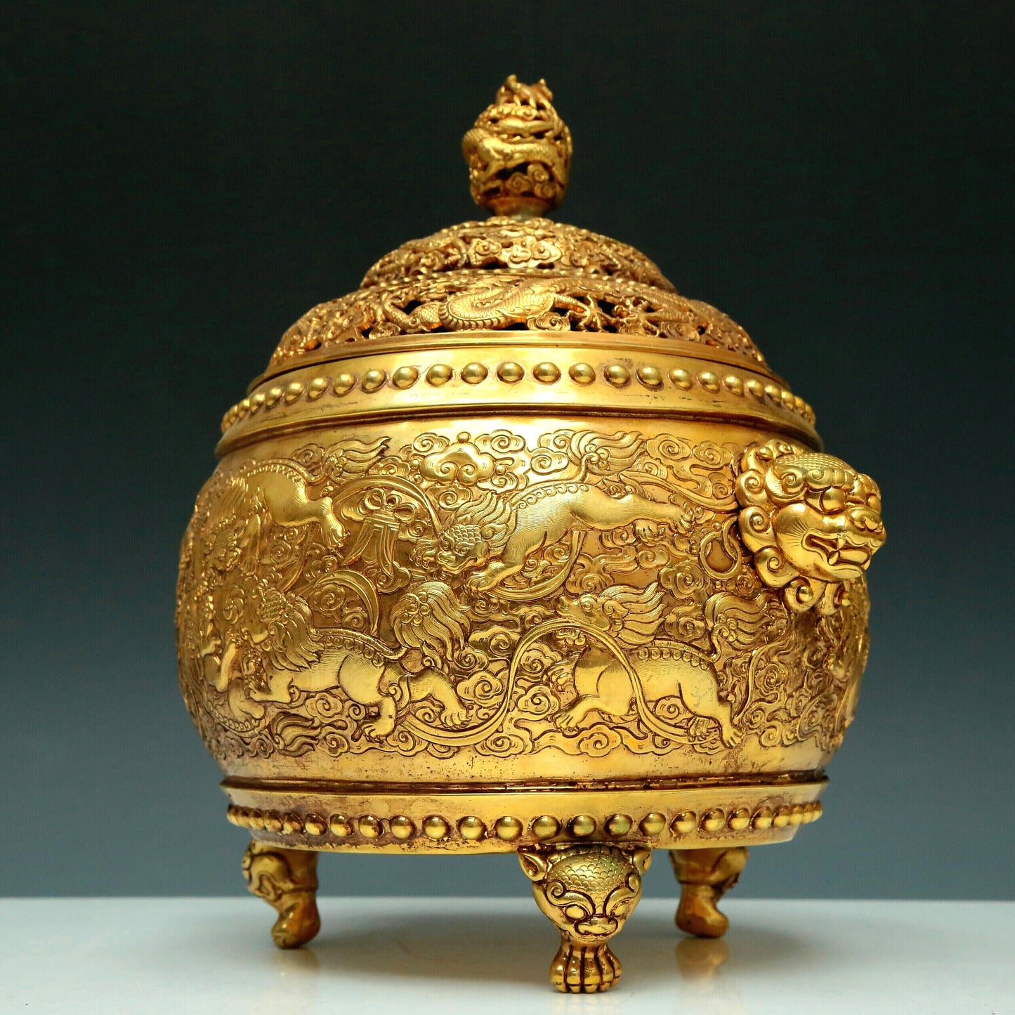 A Magnificent Gilt-Bronze 'Lion& Auspicious Cloud' Tripod Censer And Cover