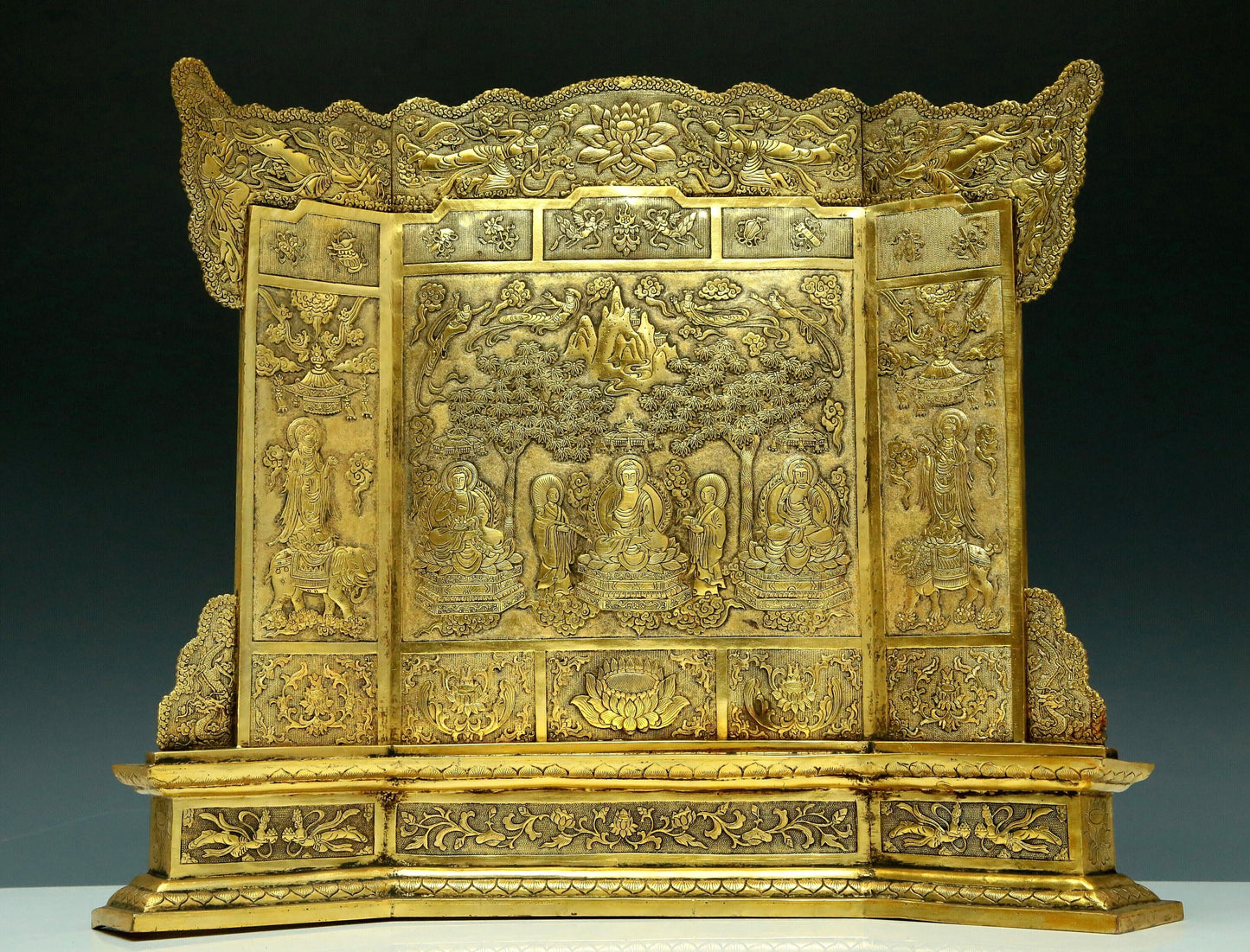 A Magnificent Gilt-Bronze 'Buddha Shakyamuni' Table Screen With Buddhist Sutra Scriptures On The Back