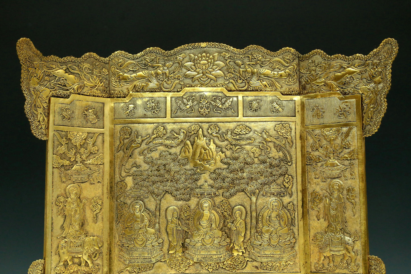 A Magnificent Gilt-Bronze 'Buddha Shakyamuni' Table Screen With Buddhist Sutra Scriptures On The Back