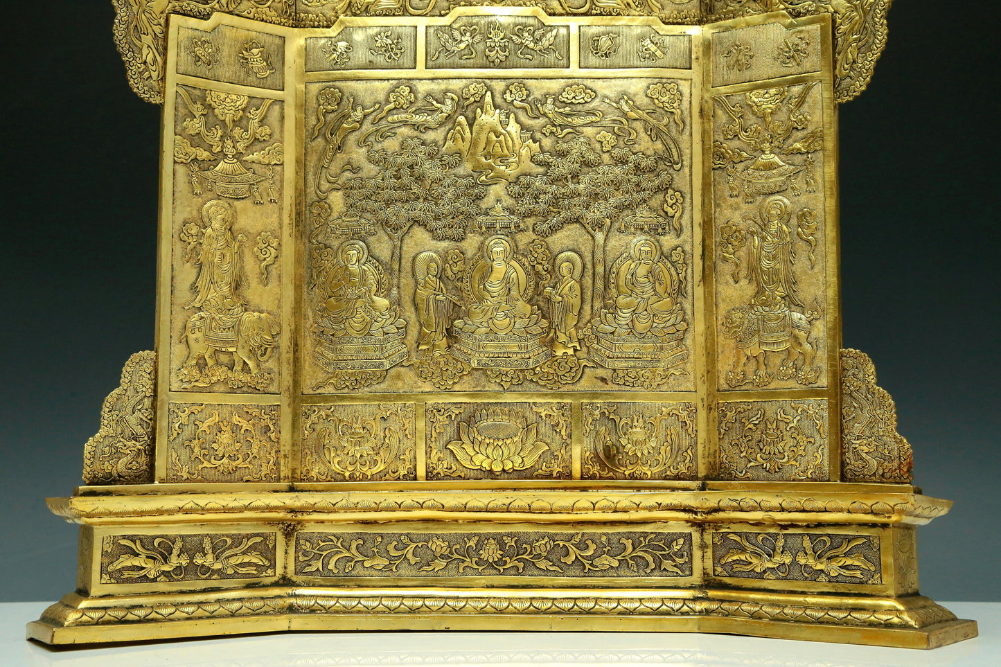 A Magnificent Gilt-Bronze 'Buddha Shakyamuni' Table Screen With Buddhist Sutra Scriptures On The Back