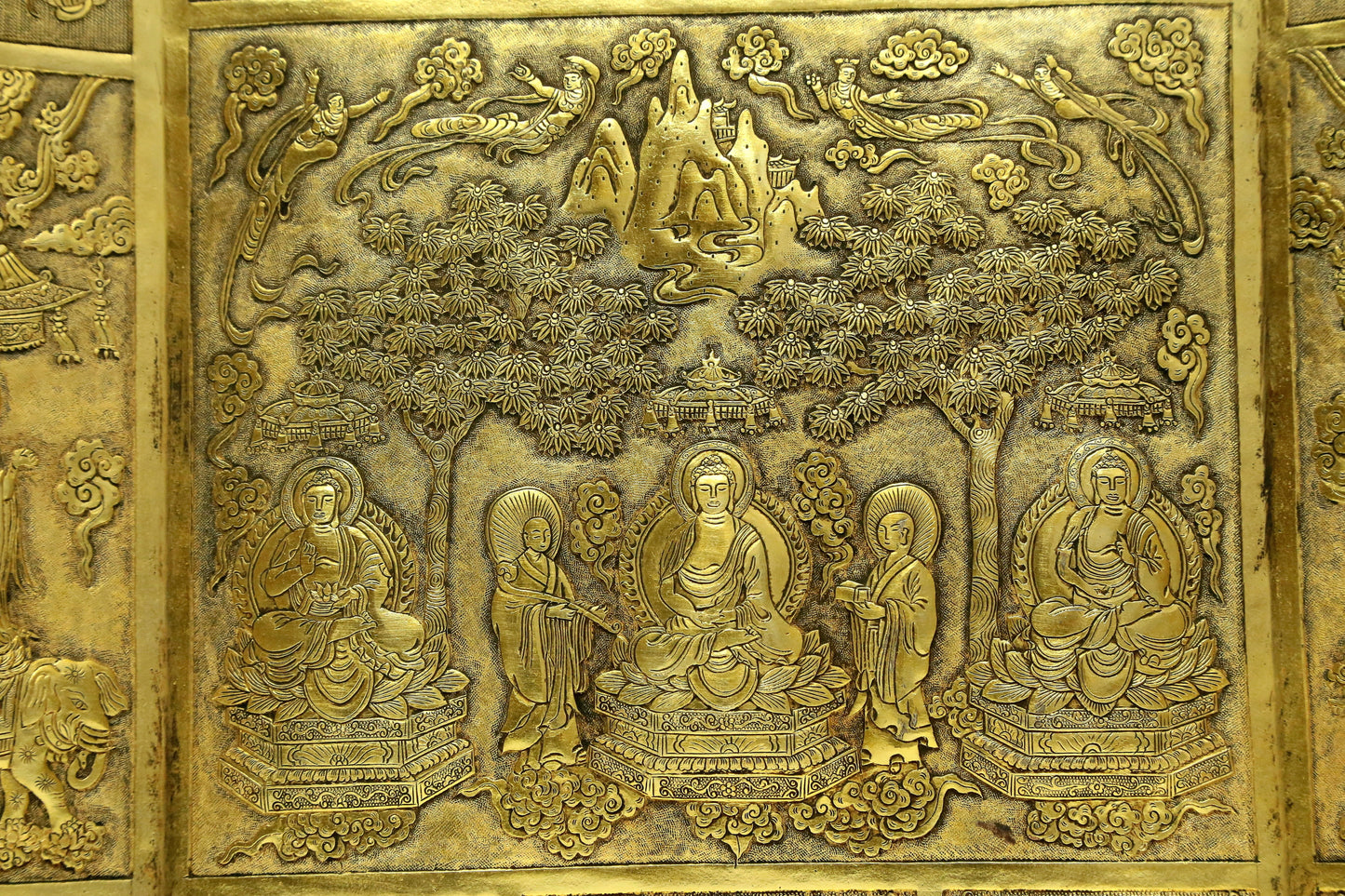 A Magnificent Gilt-Bronze 'Buddha Shakyamuni' Table Screen With Buddhist Sutra Scriptures On The Back