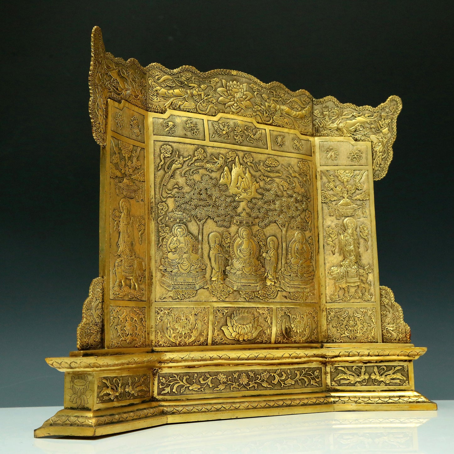 A Magnificent Gilt-Bronze 'Buddha Shakyamuni' Table Screen With Buddhist Sutra Scriptures On The Back