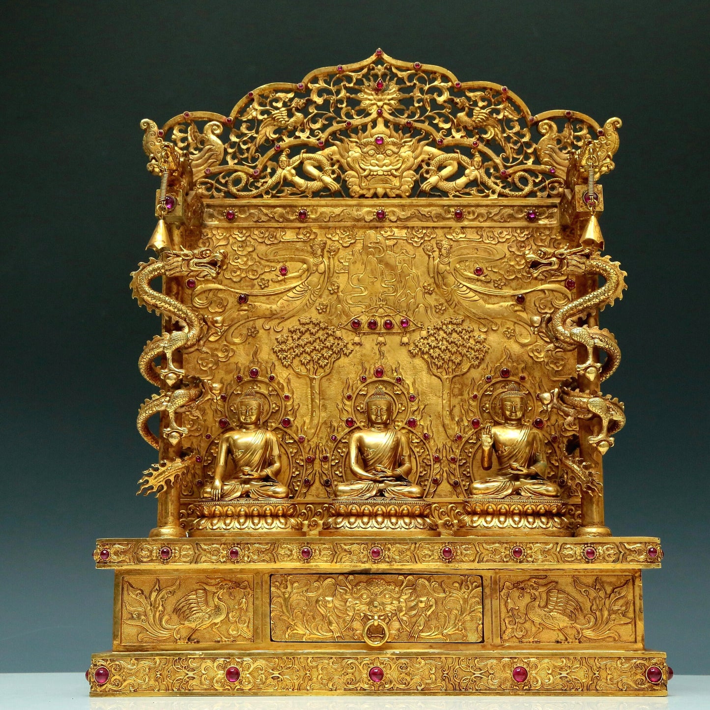 Magnificent Gilt-Bronze Figures Of Buddha With Sutra Scriptures On The Back And A Gilt-Bronze 'Dragon& Phoenix' Stand