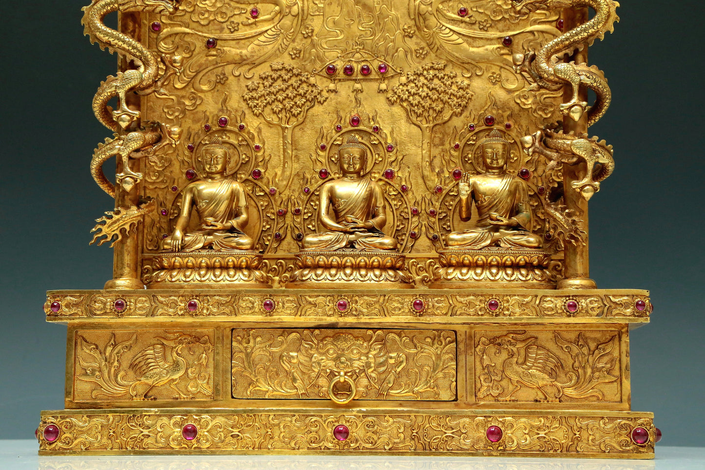 Magnificent Gilt-Bronze Figures Of Buddha With Sutra Scriptures On The Back And A Gilt-Bronze 'Dragon& Phoenix' Stand