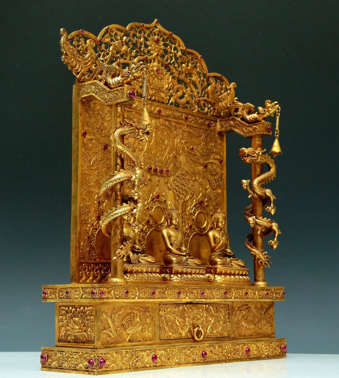 Magnificent Gilt-Bronze Figures Of Buddha With Sutra Scriptures On The Back And A Gilt-Bronze 'Dragon& Phoenix' Stand