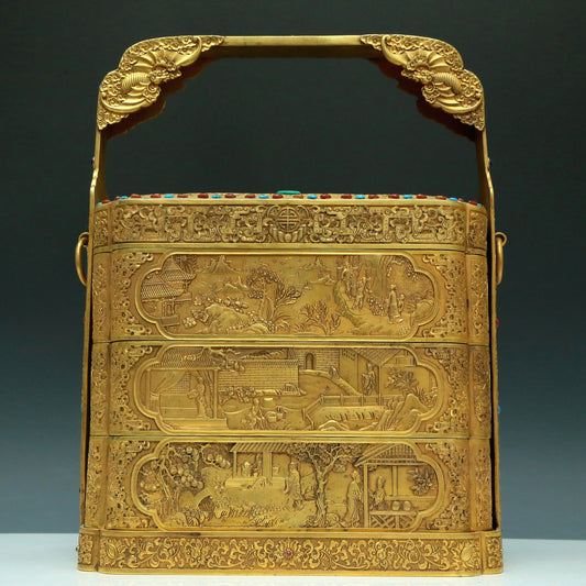 A Magnificent Gilt-Bronze Gem-Inlaid 'Landscape& Figure' Box With An Overhead Handle