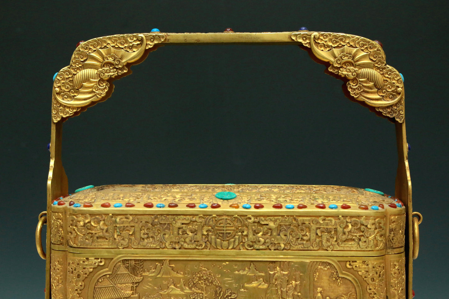 A Magnificent Gilt-Bronze Gem-Inlaid 'Landscape& Figure' Box With An Overhead Handle