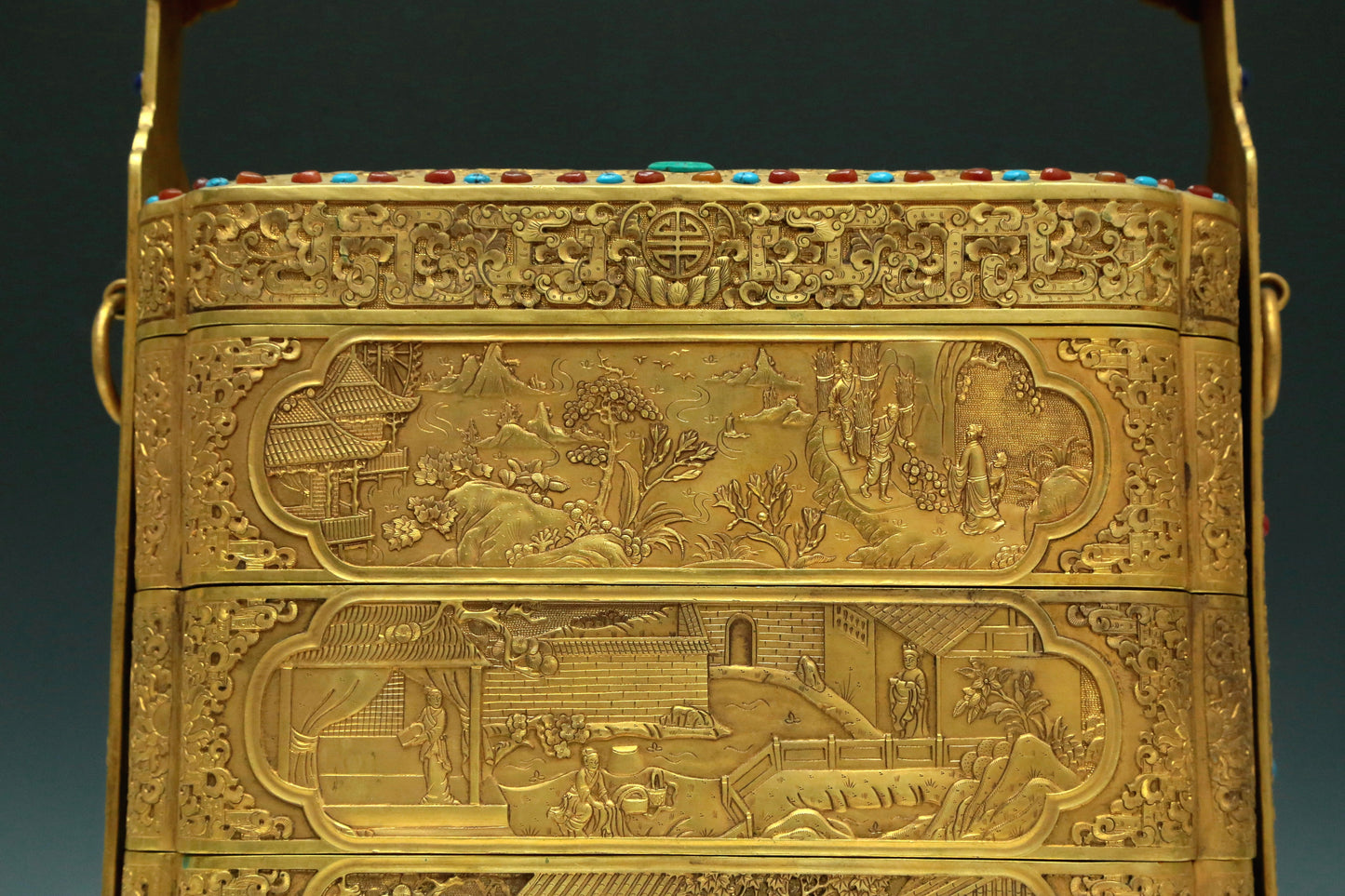 A Magnificent Gilt-Bronze Gem-Inlaid 'Landscape& Figure' Box With An Overhead Handle