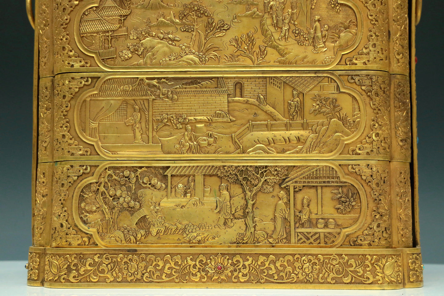 A Magnificent Gilt-Bronze Gem-Inlaid 'Landscape& Figure' Box With An Overhead Handle