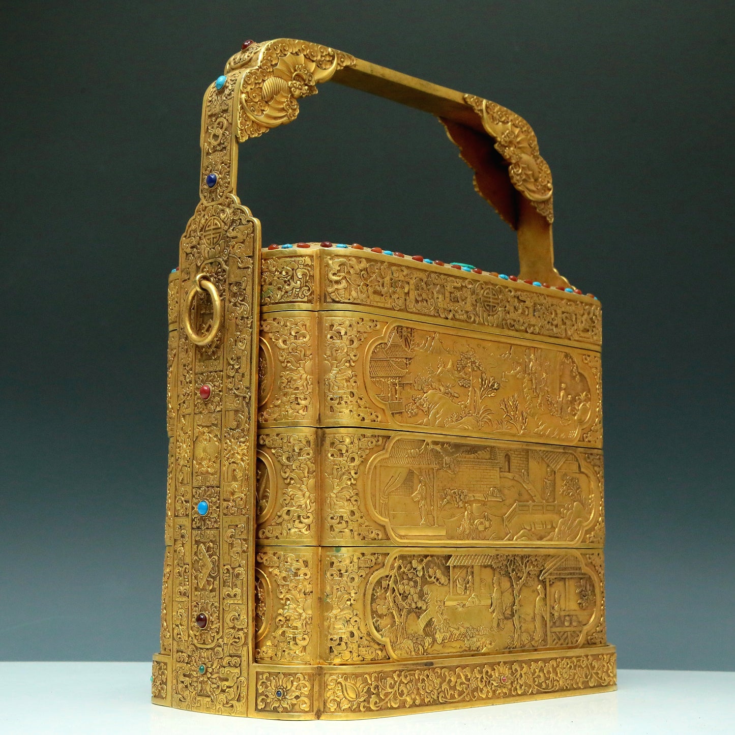 A Magnificent Gilt-Bronze Gem-Inlaid 'Landscape& Figure' Box With An Overhead Handle