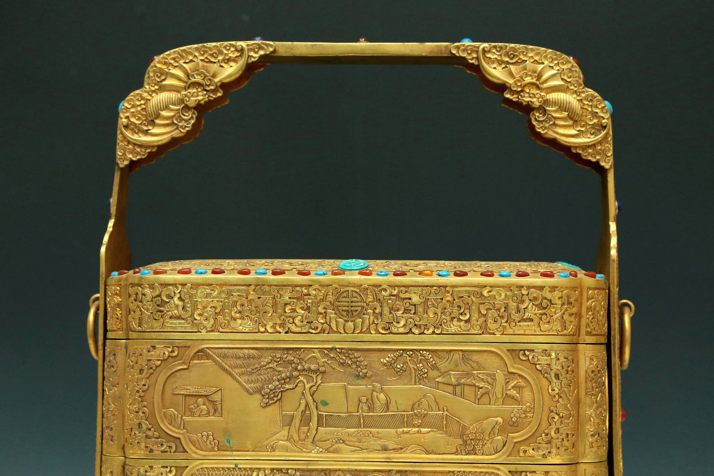 A Magnificent Gilt-Bronze Gem-Inlaid 'Landscape& Figure' Box With An Overhead Handle