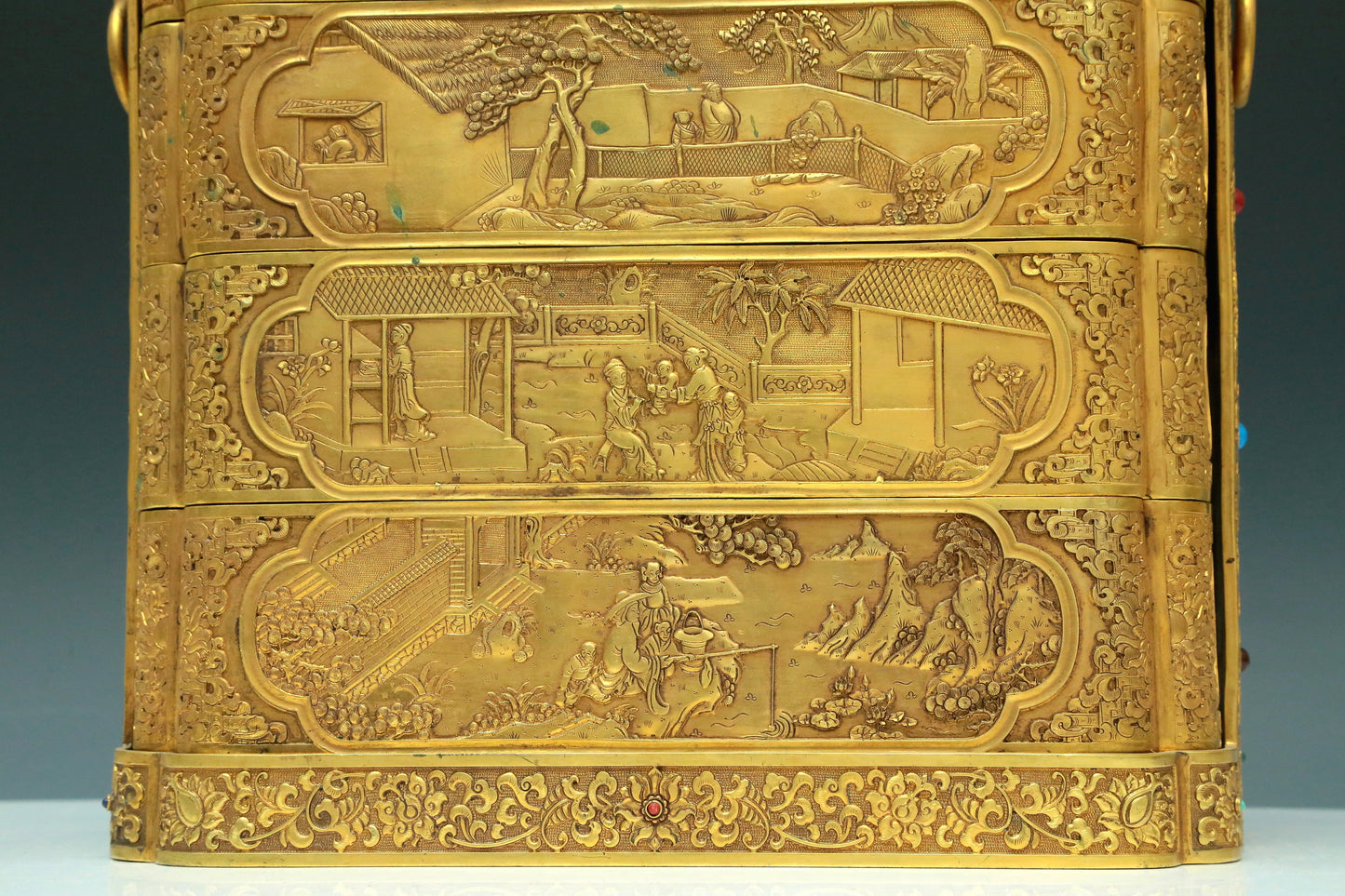 A Magnificent Gilt-Bronze Gem-Inlaid 'Landscape& Figure' Box With An Overhead Handle