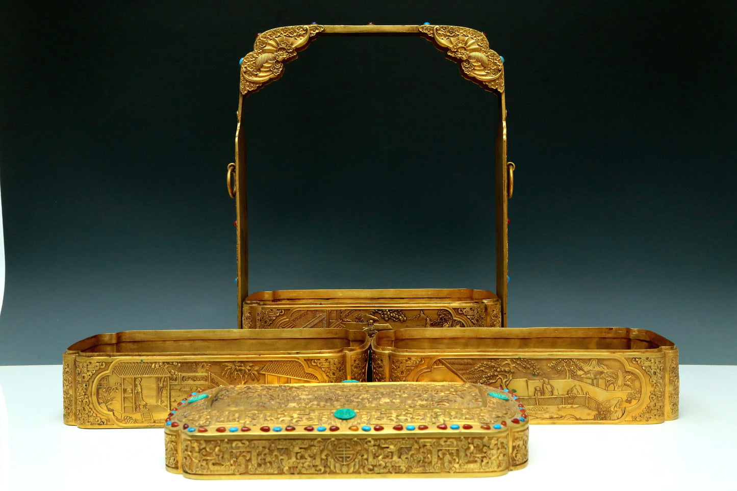 A Magnificent Gilt-Bronze Gem-Inlaid 'Landscape& Figure' Box With An Overhead Handle