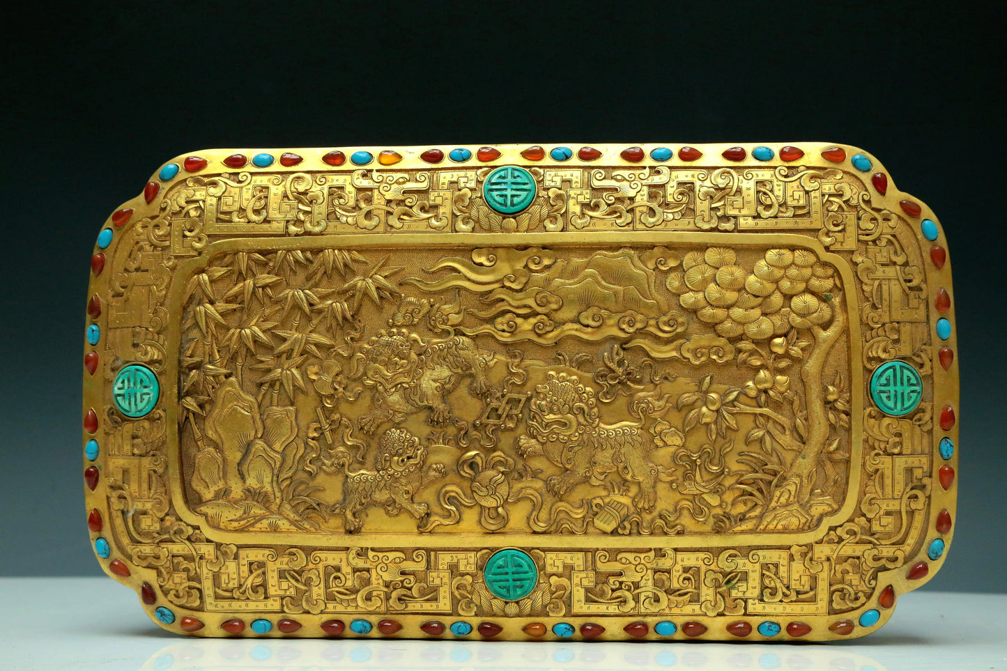 A Magnificent Gilt-Bronze Gem-Inlaid 'Landscape& Figure' Box With An Overhead Handle