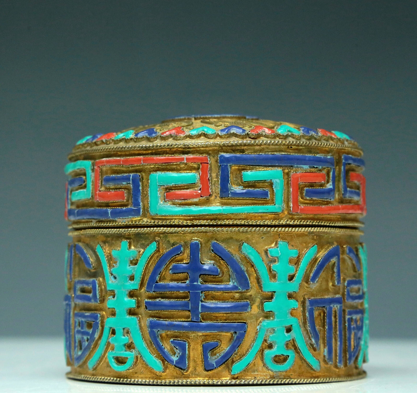 A Magnificent Cylindrical Gilt-Bronze Gem-Inlaid Box