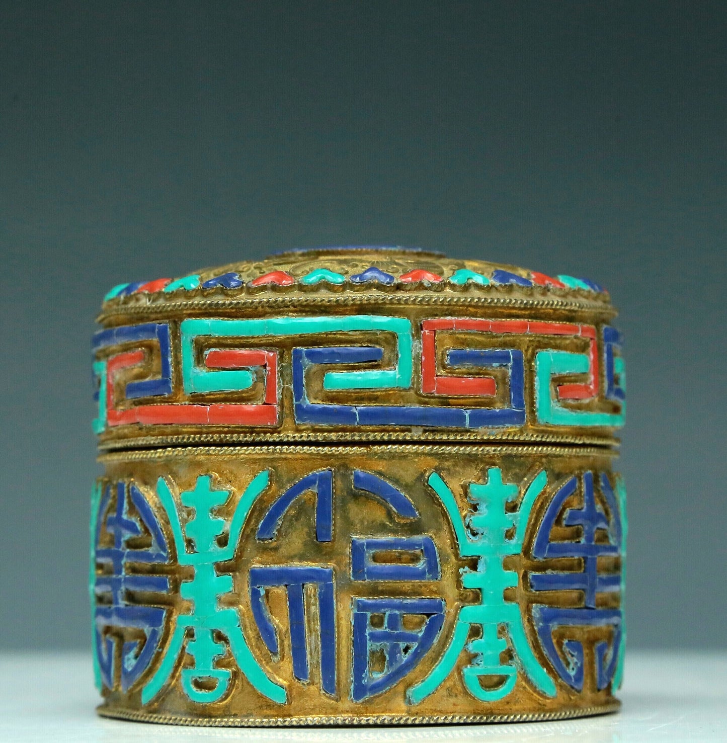 A Magnificent Cylindrical Gilt-Bronze Gem-Inlaid Box