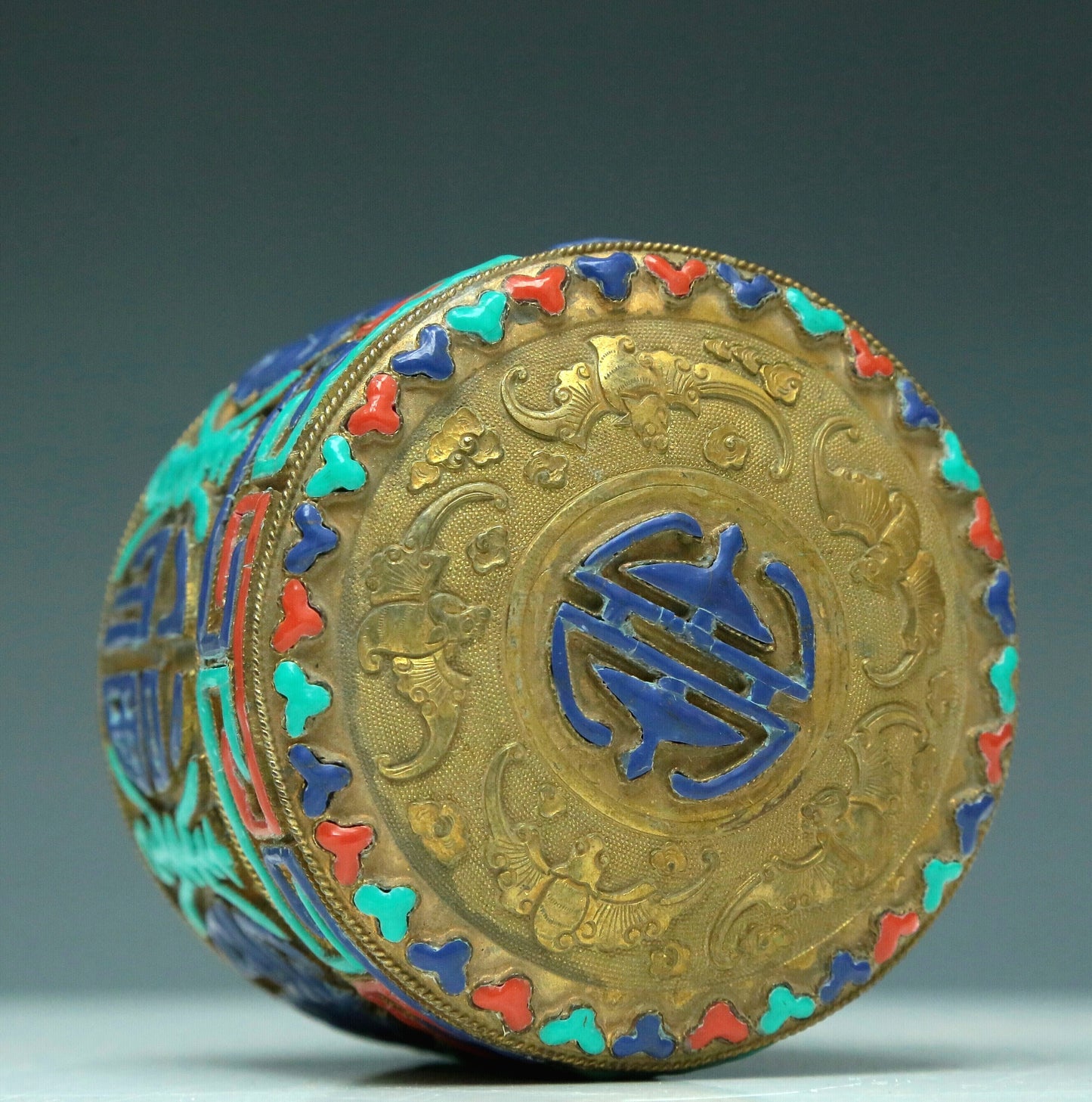 A Magnificent Cylindrical Gilt-Bronze Gem-Inlaid Box