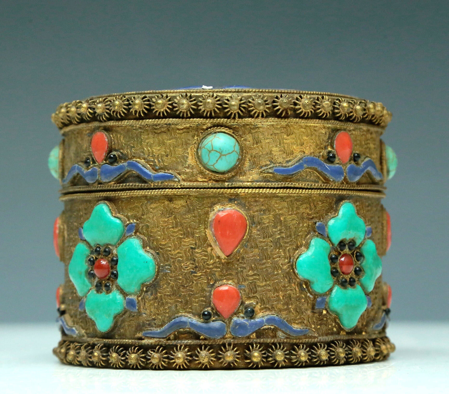 An Excellent Cylindrical Gilt-Bronze Gem-Inlaid 'Flower' Box