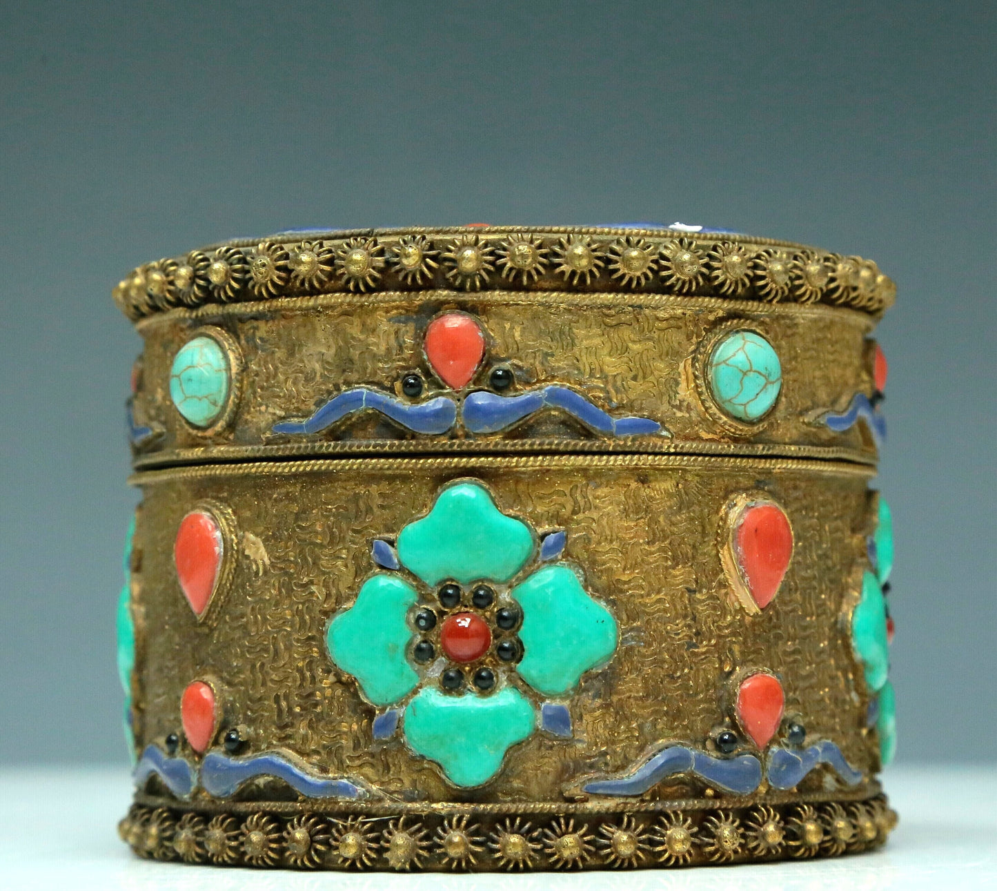 An Excellent Cylindrical Gilt-Bronze Gem-Inlaid 'Flower' Box