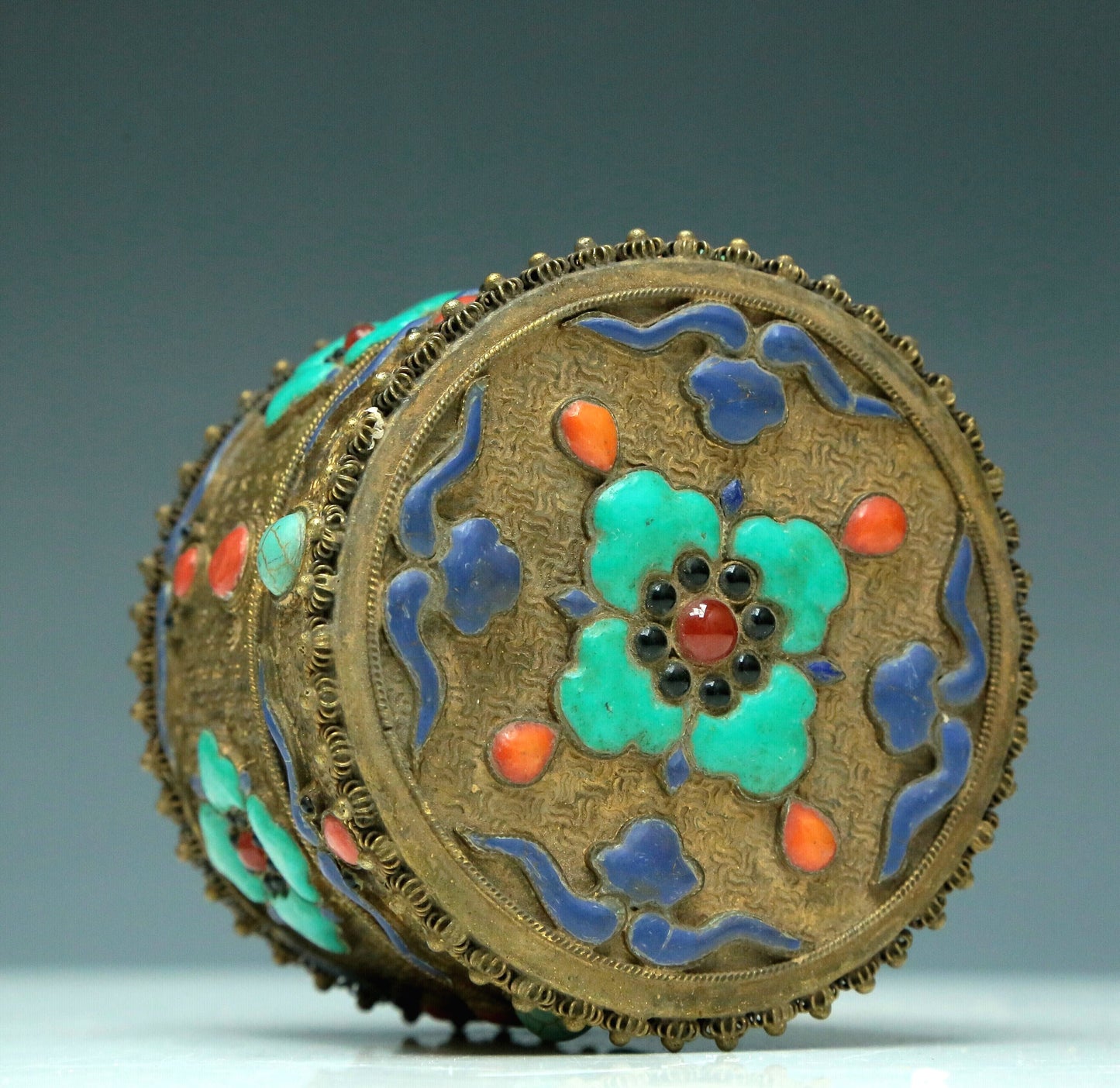 An Excellent Cylindrical Gilt-Bronze Gem-Inlaid 'Flower' Box