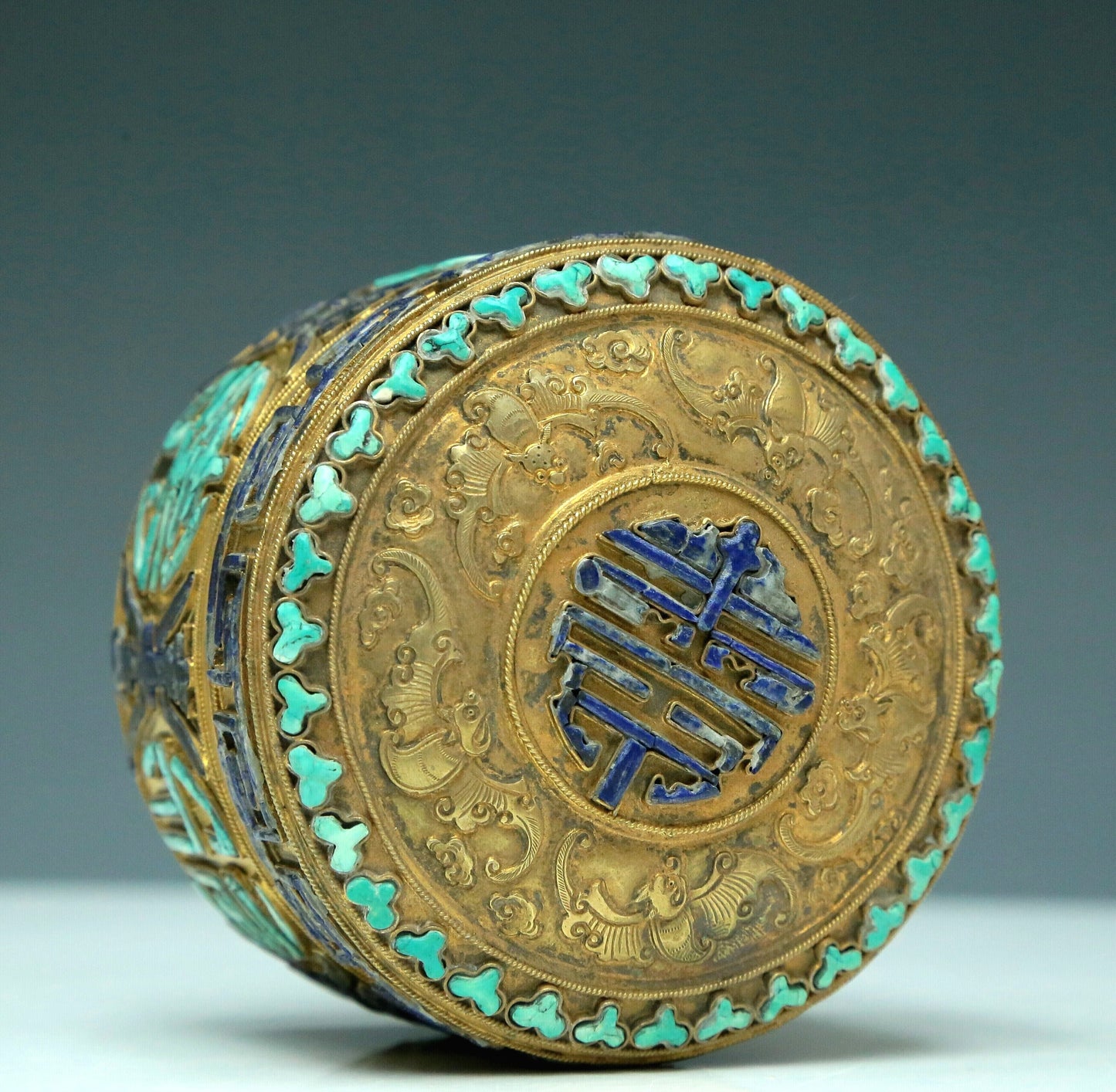 An Excellent Cylindrical Gilt-Bronze Gem-Inlaid Box