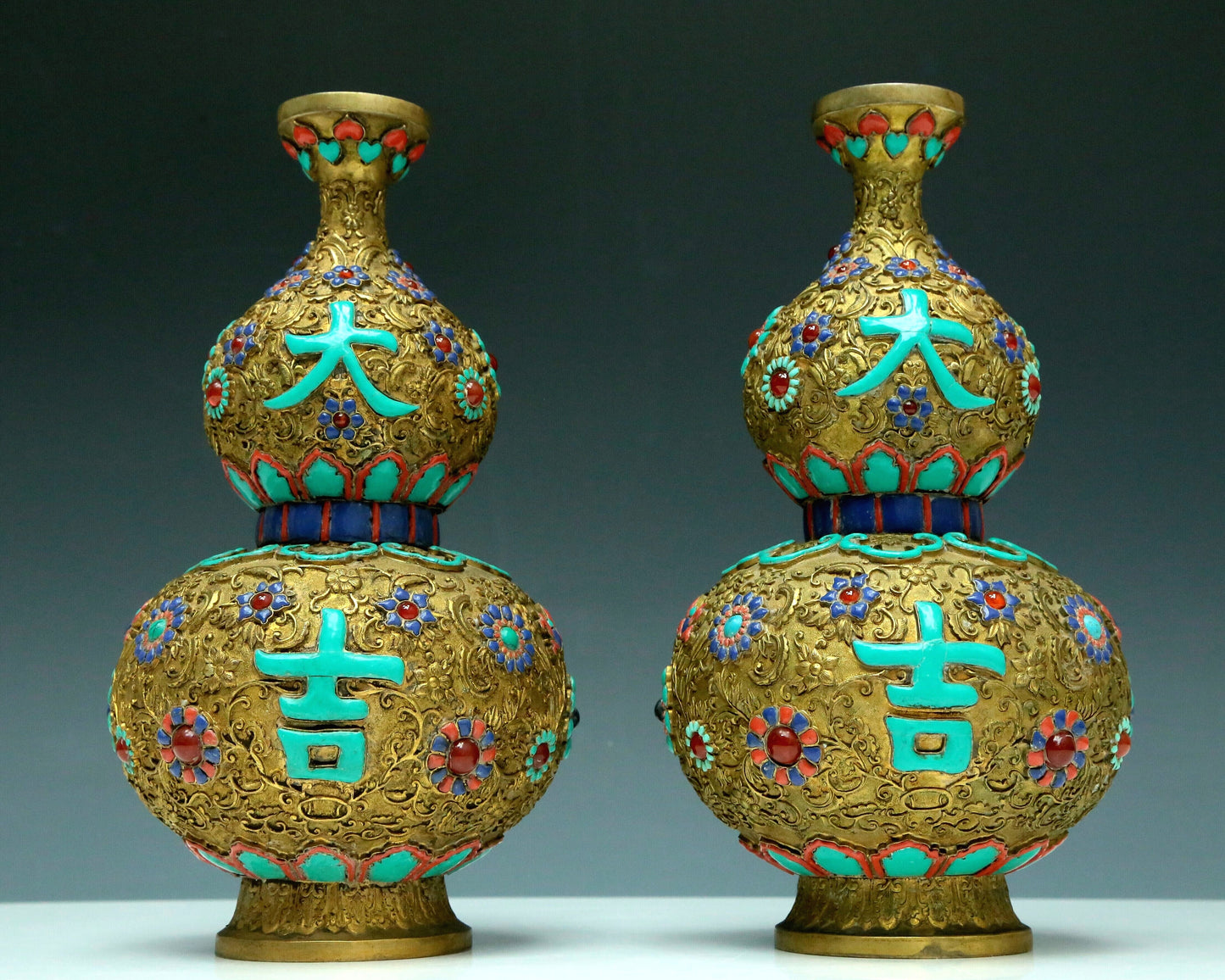 An Excellent Pair Of Gilt-Bronze Gem-Inlaid 'Flower' Gourd-Form Vases