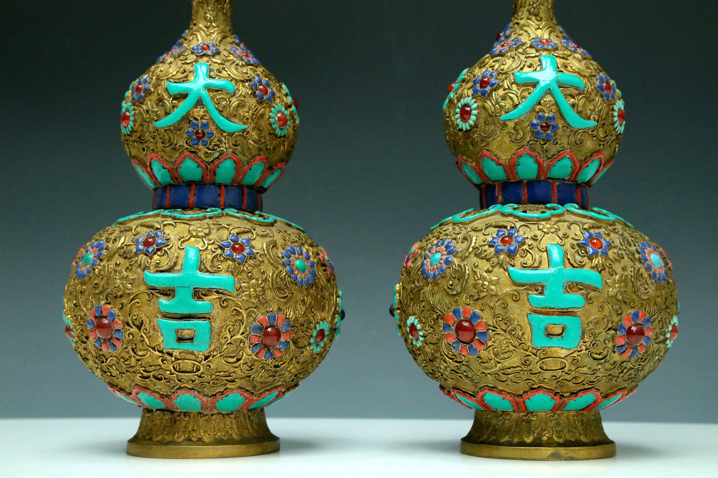 An Excellent Pair Of Gilt-Bronze Gem-Inlaid 'Flower' Gourd-Form Vases