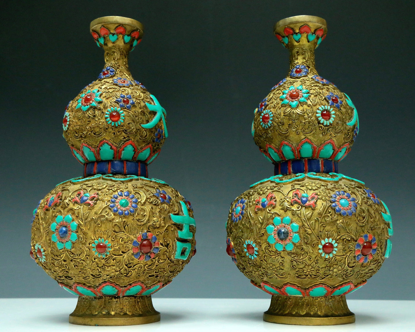 An Excellent Pair Of Gilt-Bronze Gem-Inlaid 'Flower' Gourd-Form Vases