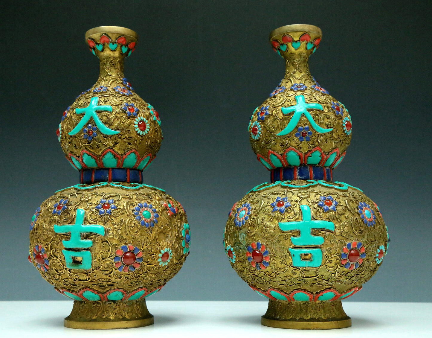 An Excellent Pair Of Gilt-Bronze Gem-Inlaid 'Flower' Gourd-Form Vases