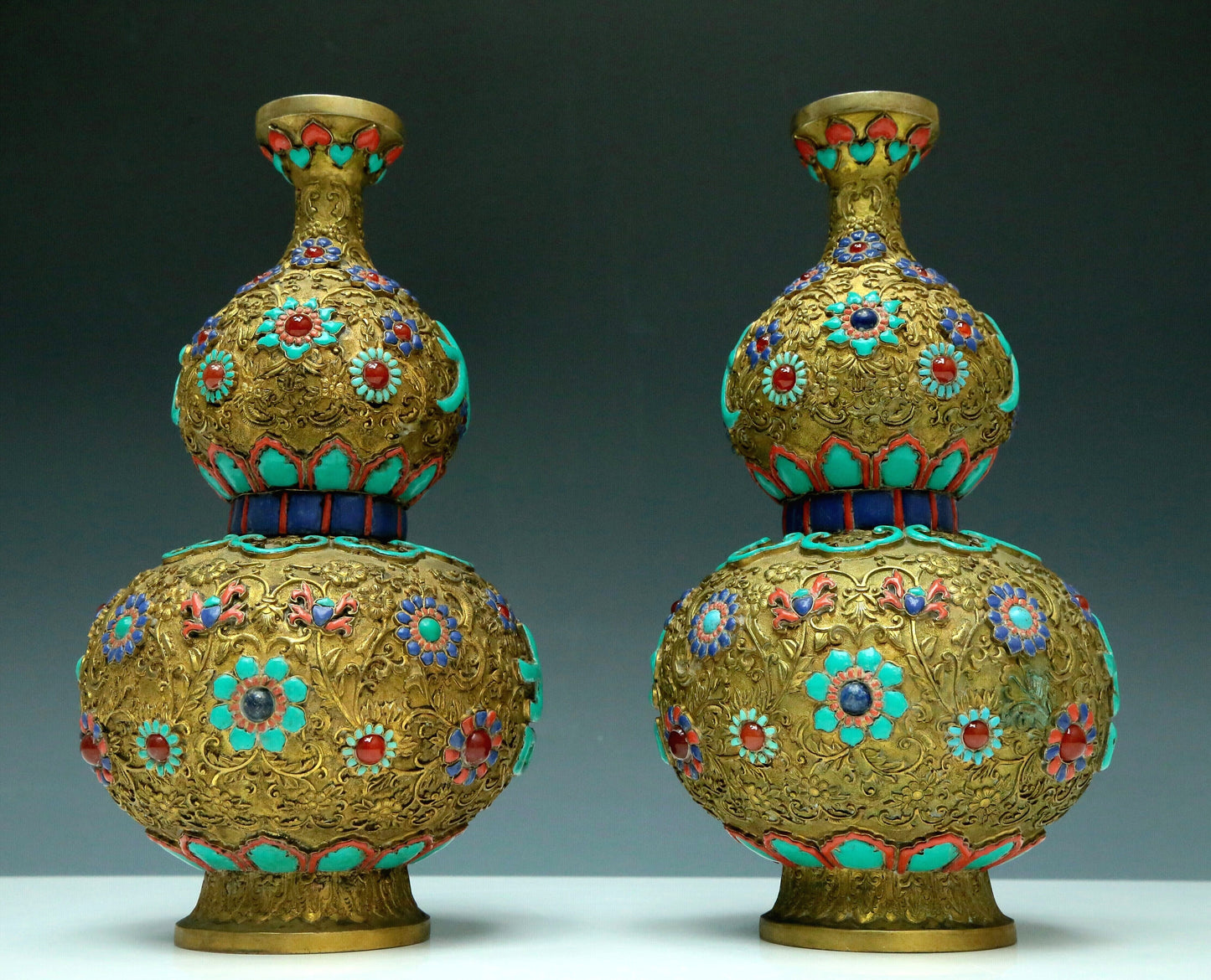 An Excellent Pair Of Gilt-Bronze Gem-Inlaid 'Flower' Gourd-Form Vases