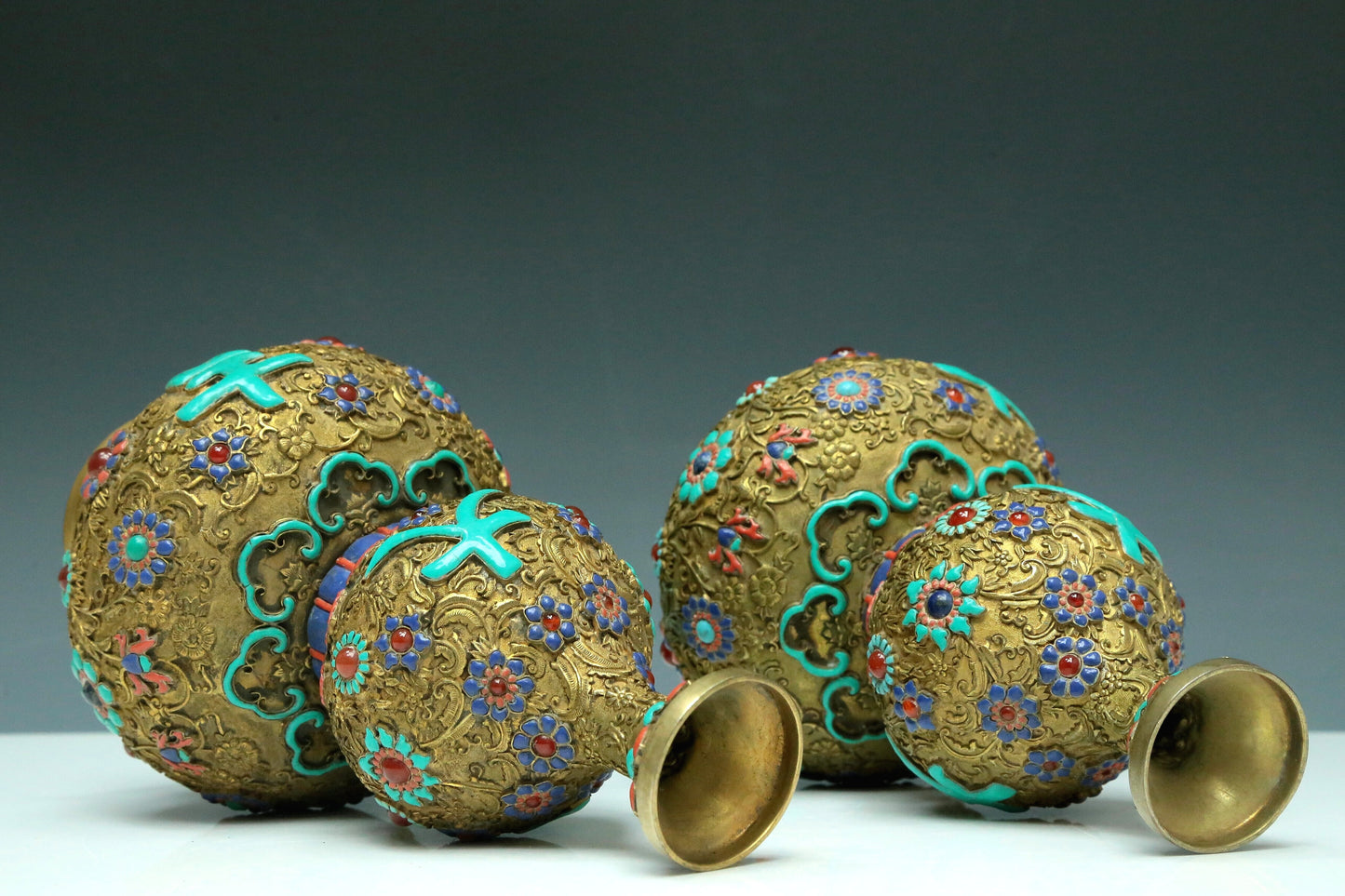 An Excellent Pair Of Gilt-Bronze Gem-Inlaid 'Flower' Gourd-Form Vases