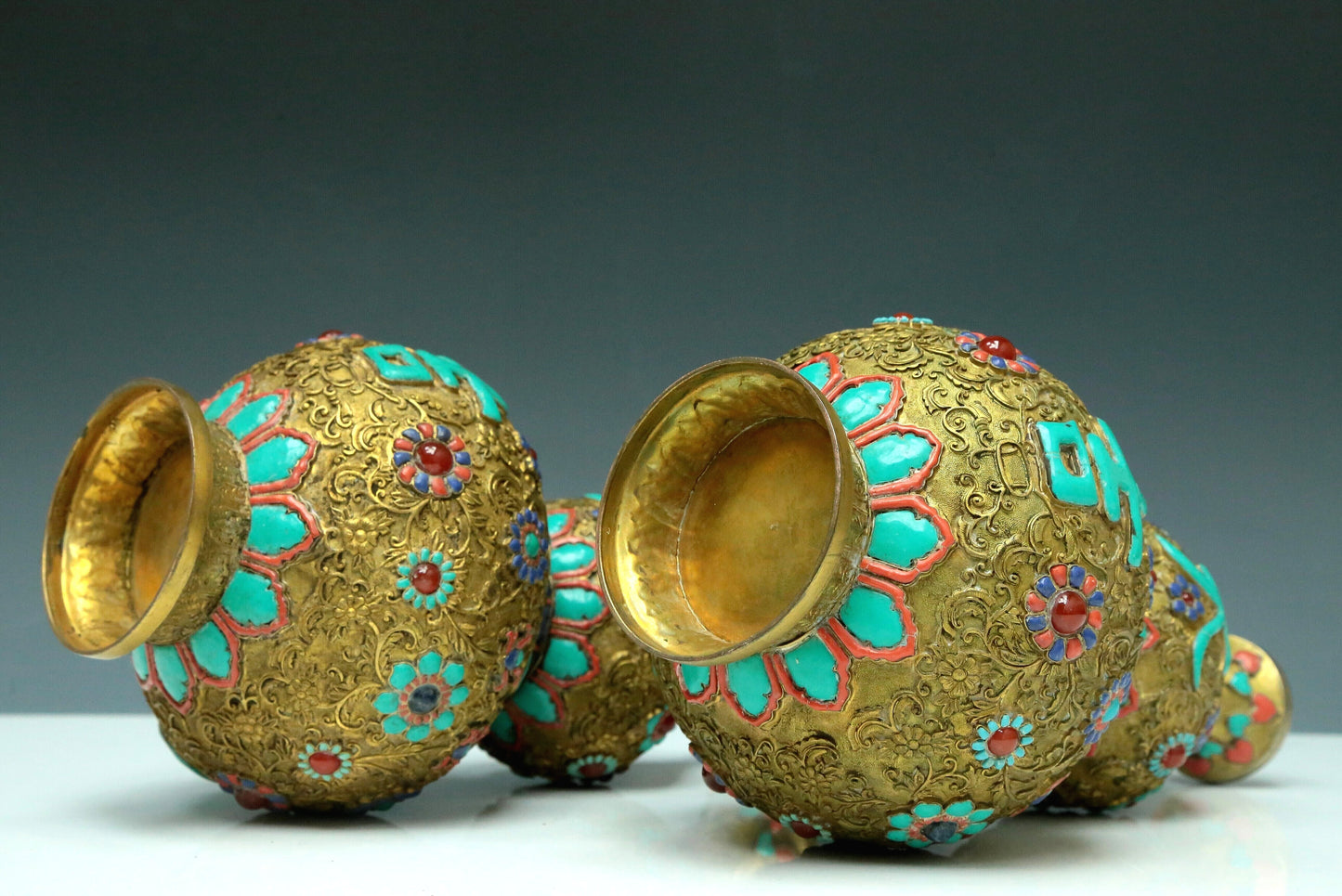 An Excellent Pair Of Gilt-Bronze Gem-Inlaid 'Flower' Gourd-Form Vases