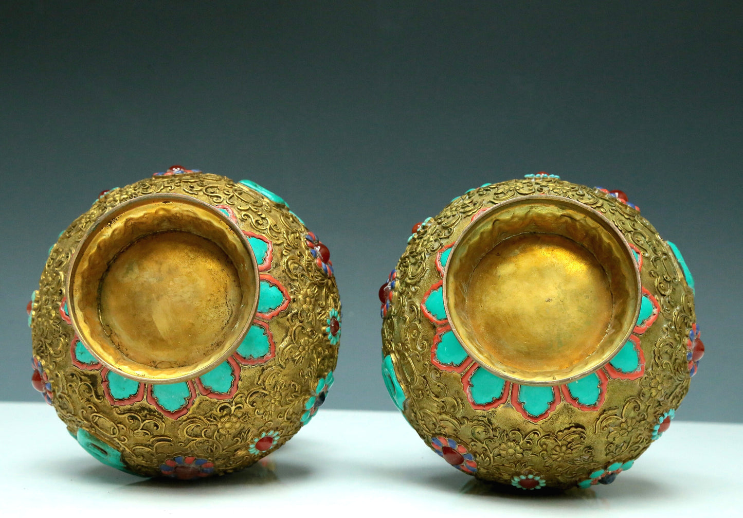 An Excellent Pair Of Gilt-Bronze Gem-Inlaid 'Flower' Gourd-Form Vases