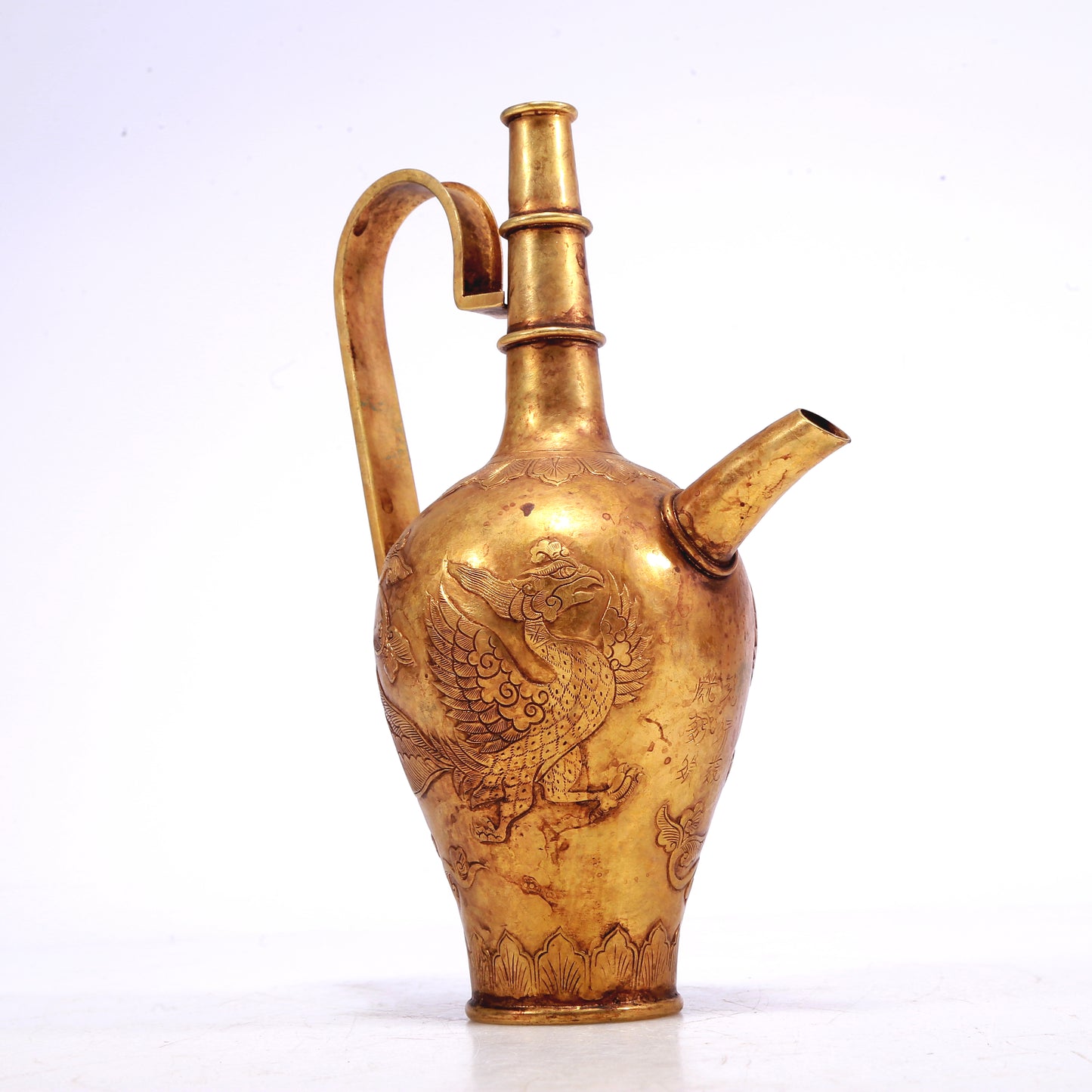 A Marvelous Gilt-Bronze 'Scrolling Lotus& Phoenix' Ewer With Inscriptions