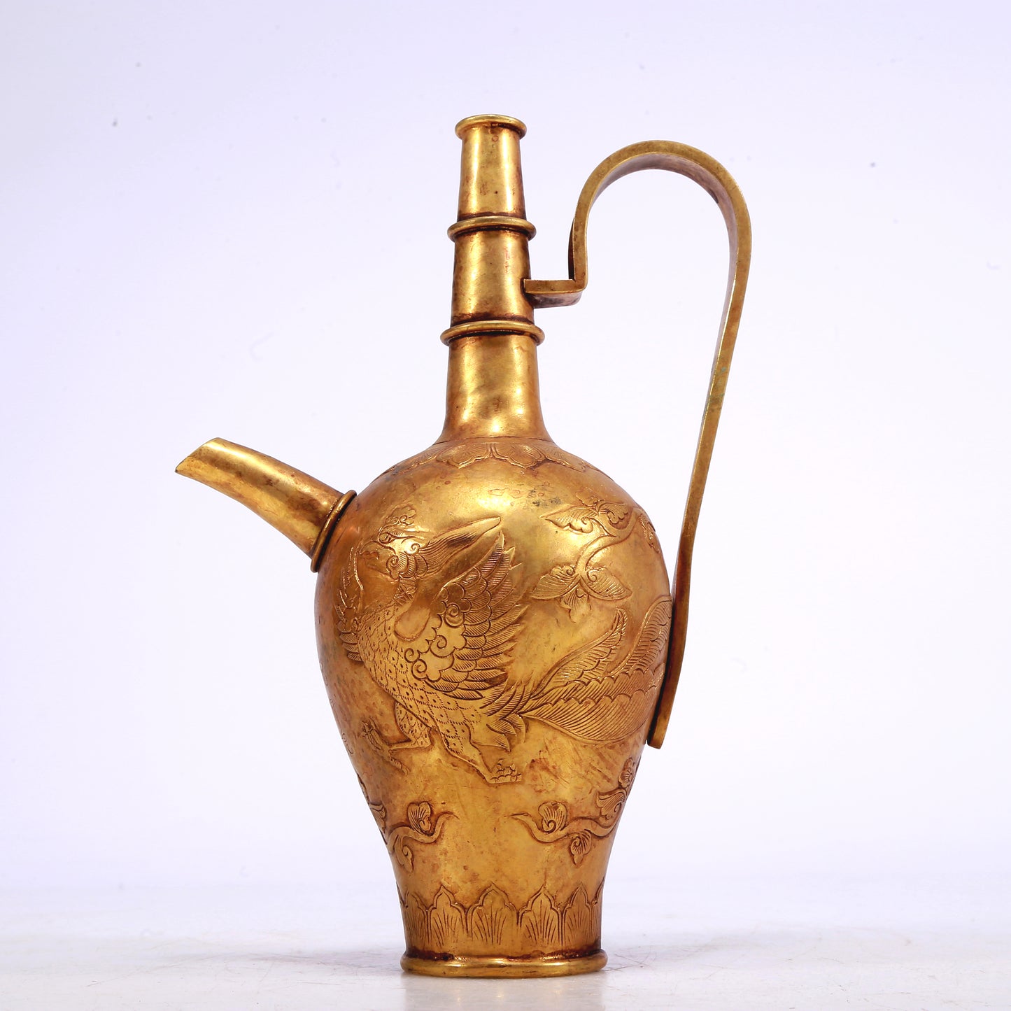 A Marvelous Gilt-Bronze 'Scrolling Lotus& Phoenix' Ewer With Inscriptions