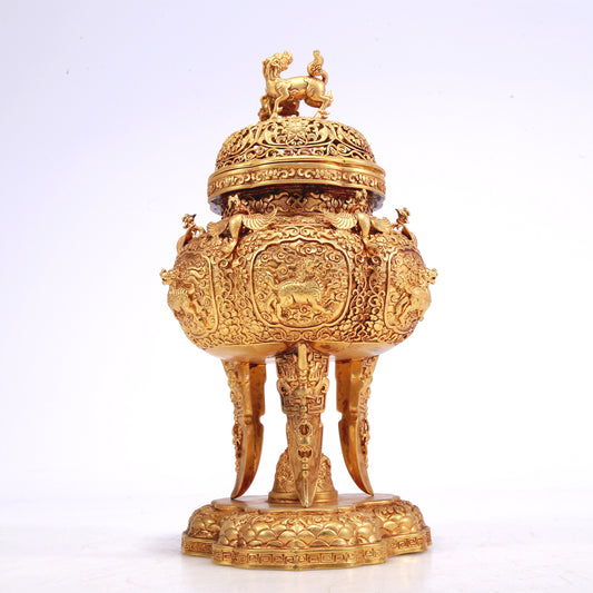 A Marvelous Gilt-Bronze 'Scrolling Lotus& Auspicious Beast' Tripod Censer And Cover