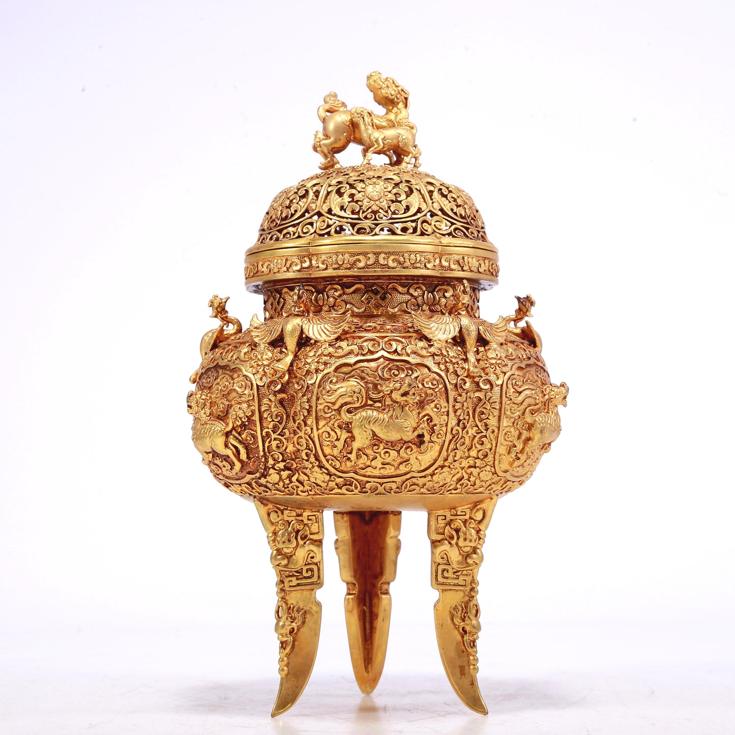 A Marvelous Gilt-Bronze 'Scrolling Lotus& Auspicious Beast' Tripod Censer And Cover