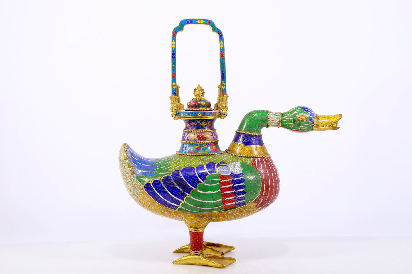 An exquisite cloisonné duck-shaped ewer