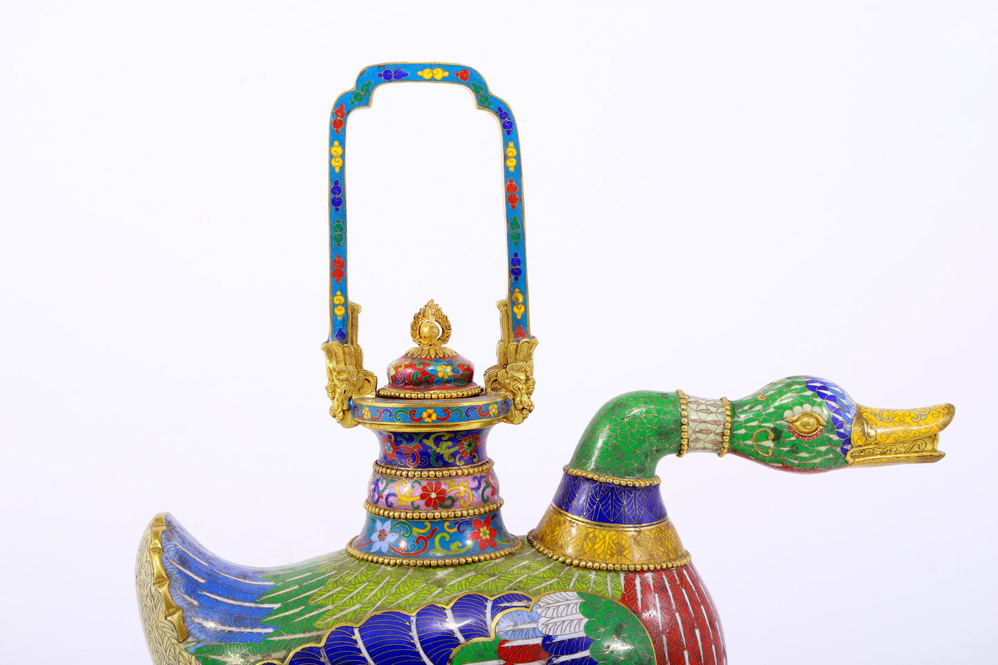 An exquisite cloisonné duck-shaped ewer