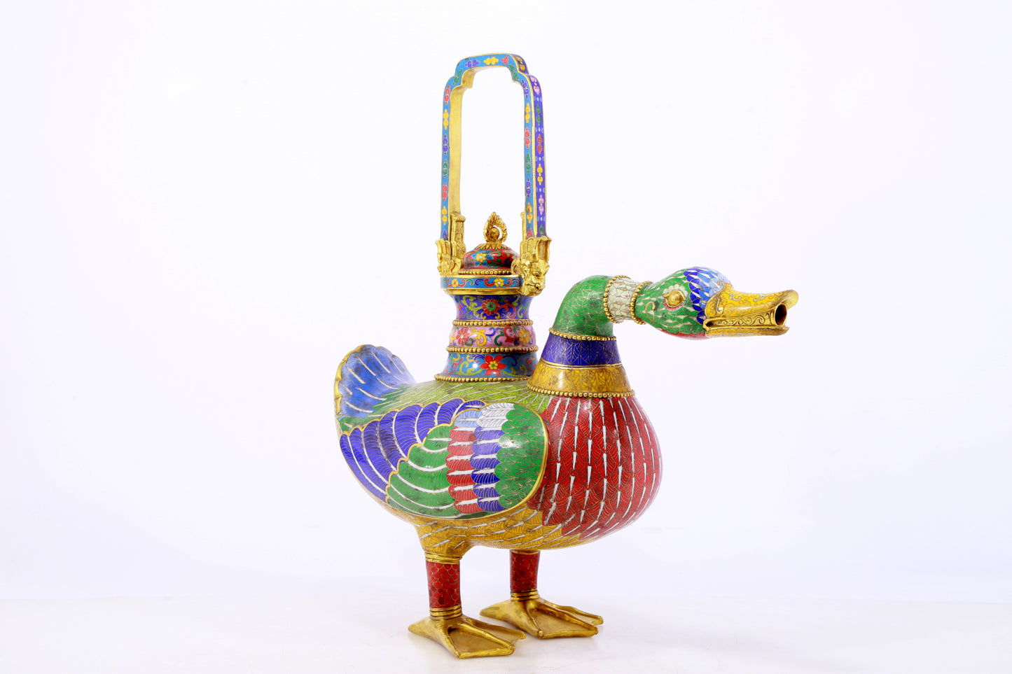 An exquisite cloisonné duck-shaped ewer