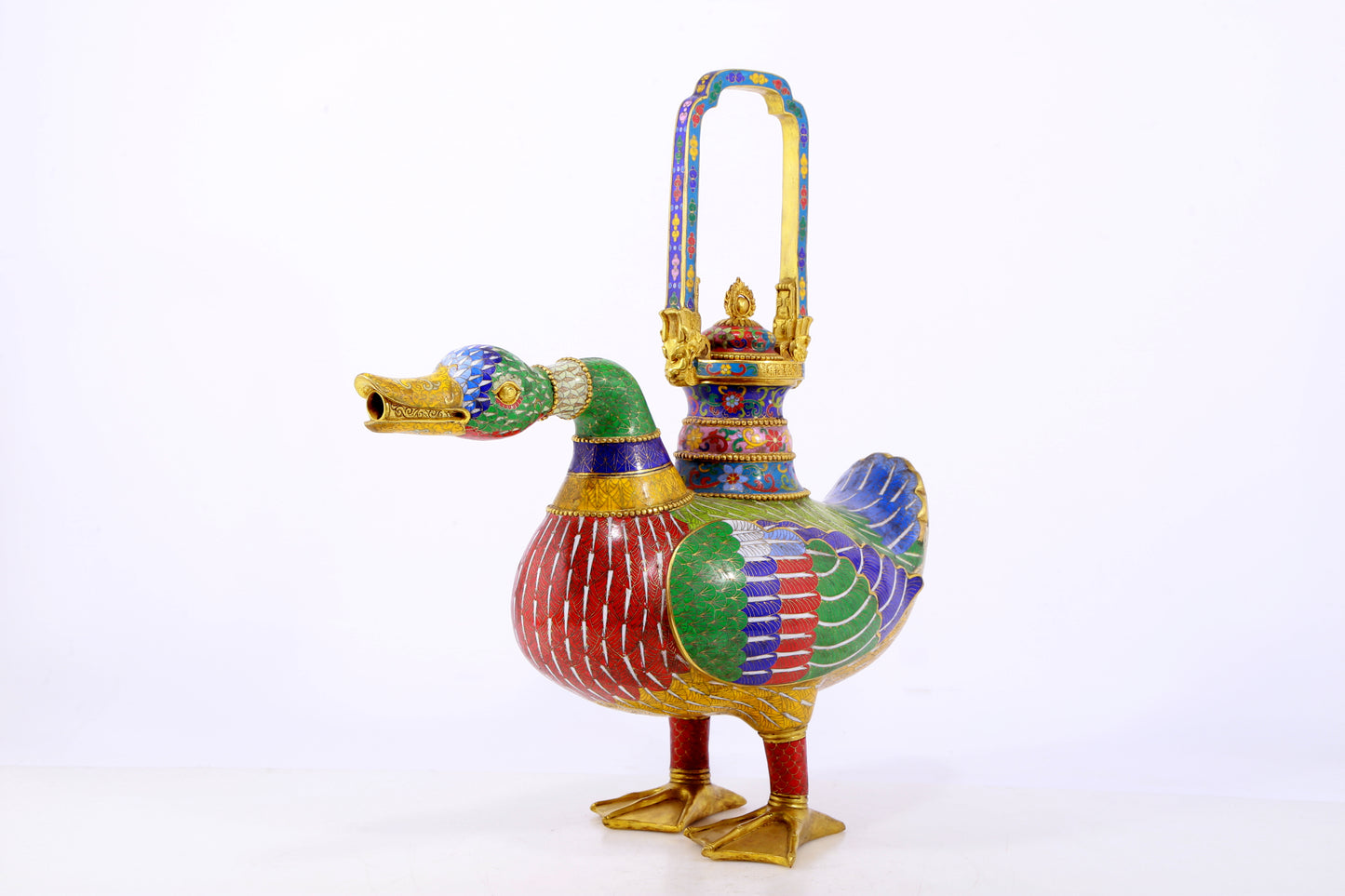 An exquisite cloisonné duck-shaped ewer