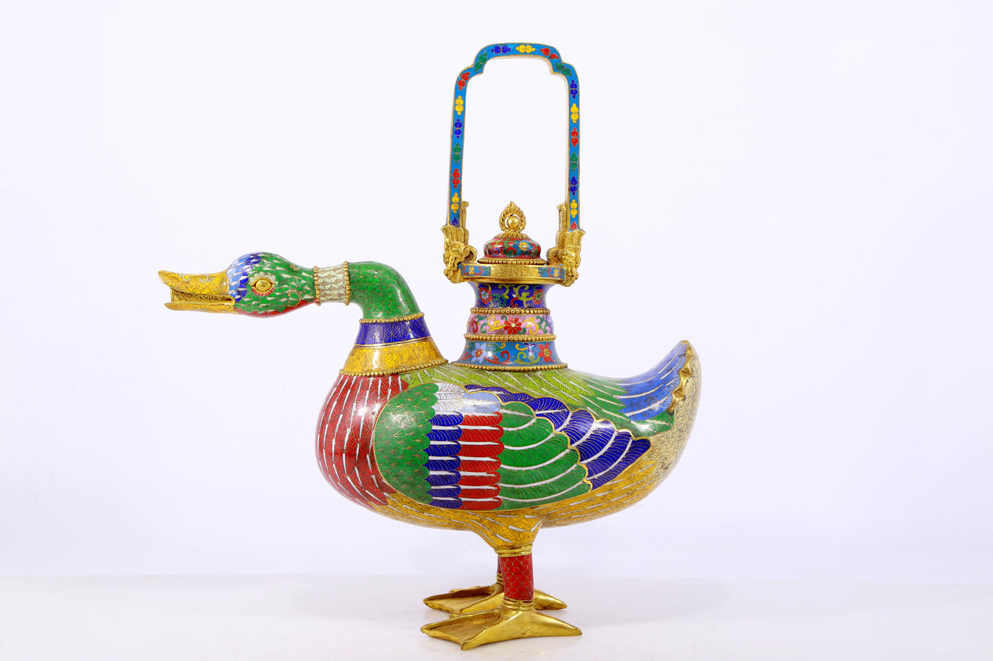 An exquisite cloisonné duck-shaped ewer