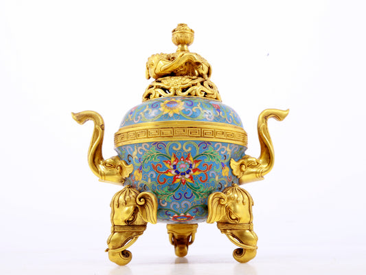 A perfect cloisonné elephant ear tripod censer with lid